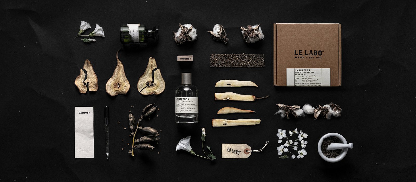 Le Labo Ambrette 9 eau de parfum bottle with ambrette seeds and citrus