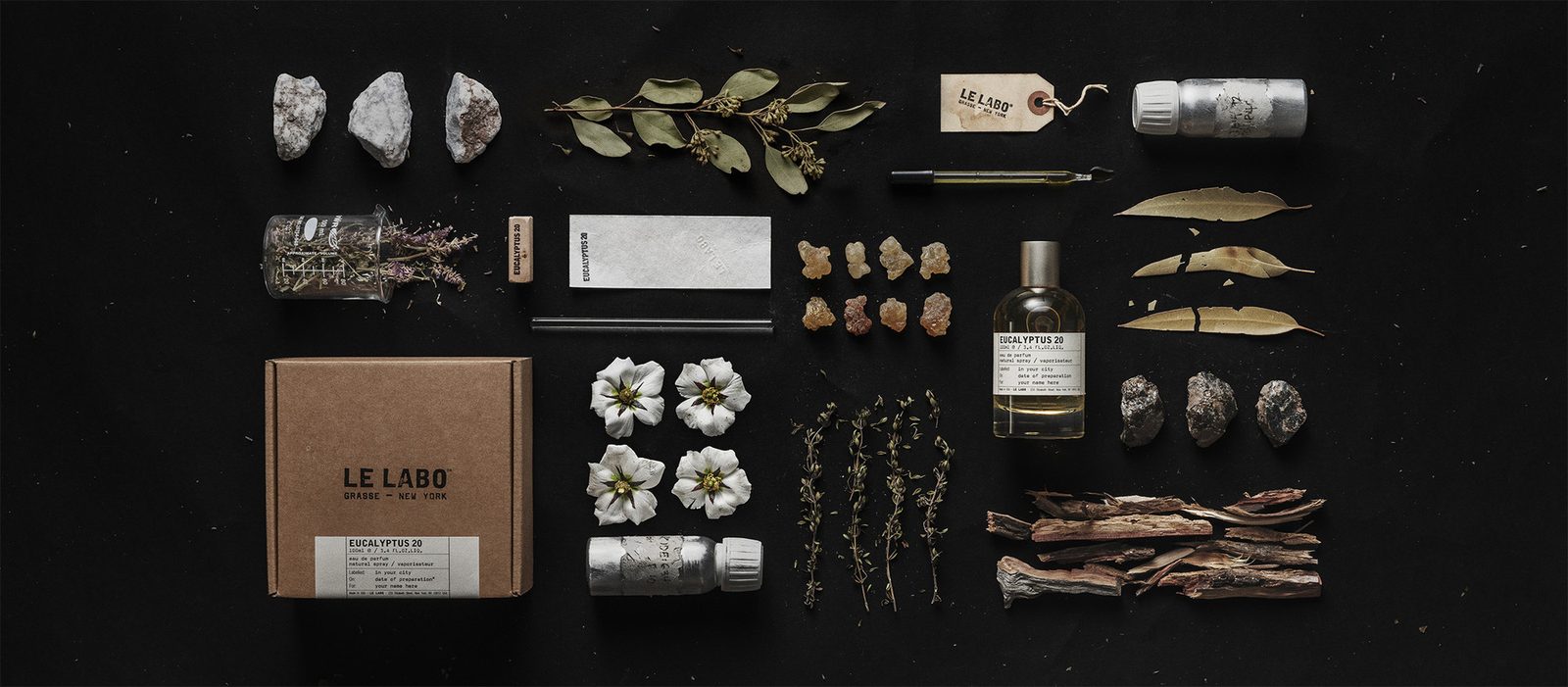 Le Labo Eucalyptus 20 eau de parfum bottle with eucalyptus leaves and incense