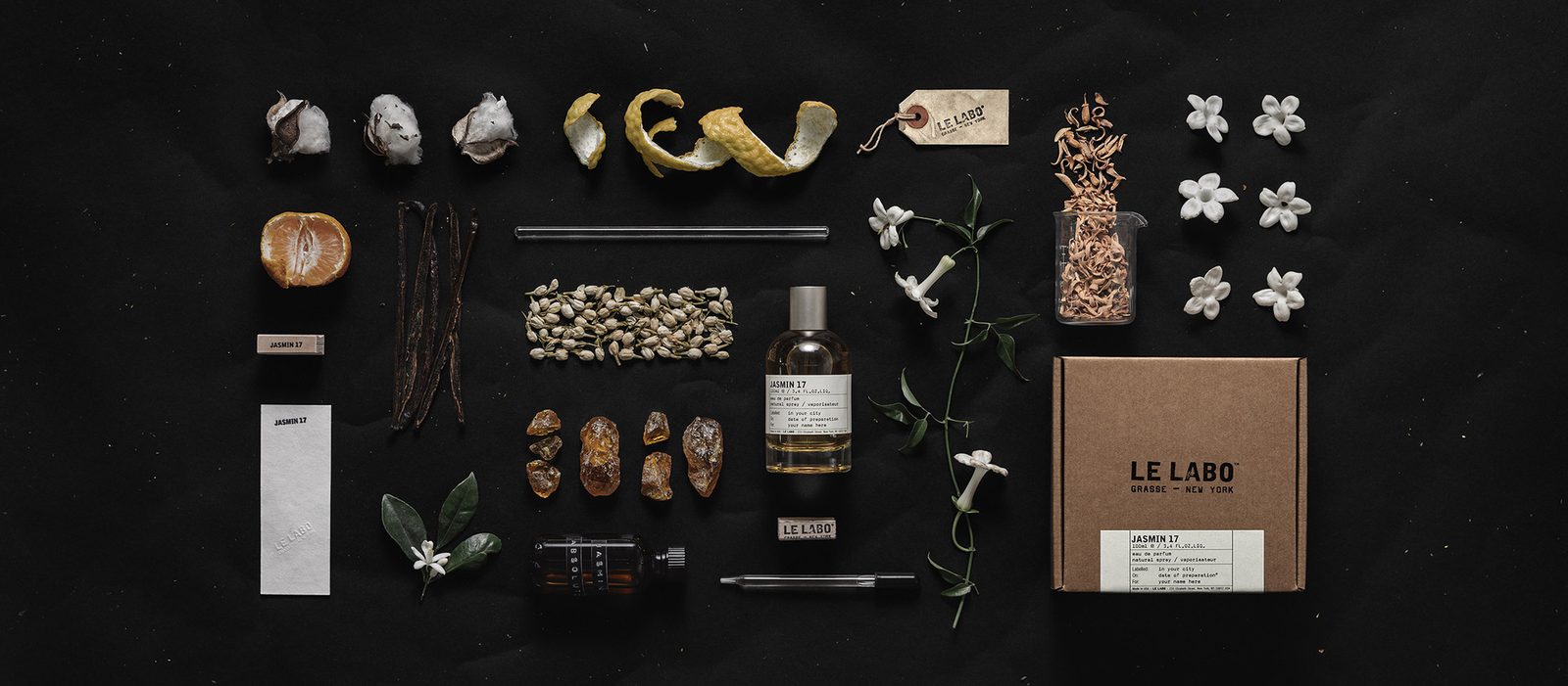 Le Labo Jasmin 17 eau de parfum bottle with jasmine flowers and sandalwood
