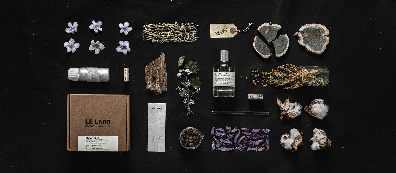 Le Labo Violette 30 eau de parfum bottle with violets, rose and iris